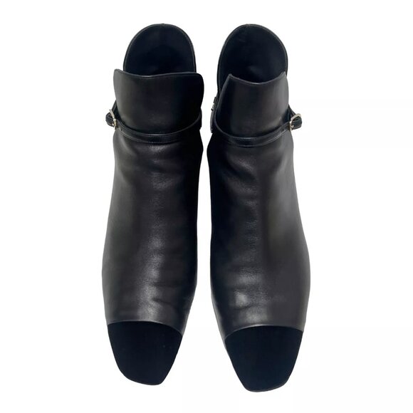 $1575 Chanel 21A Black Leather Velvet Toe Cap Logo Gold Strap Ankle Boot 10.5/41 - Picture 4 of 15